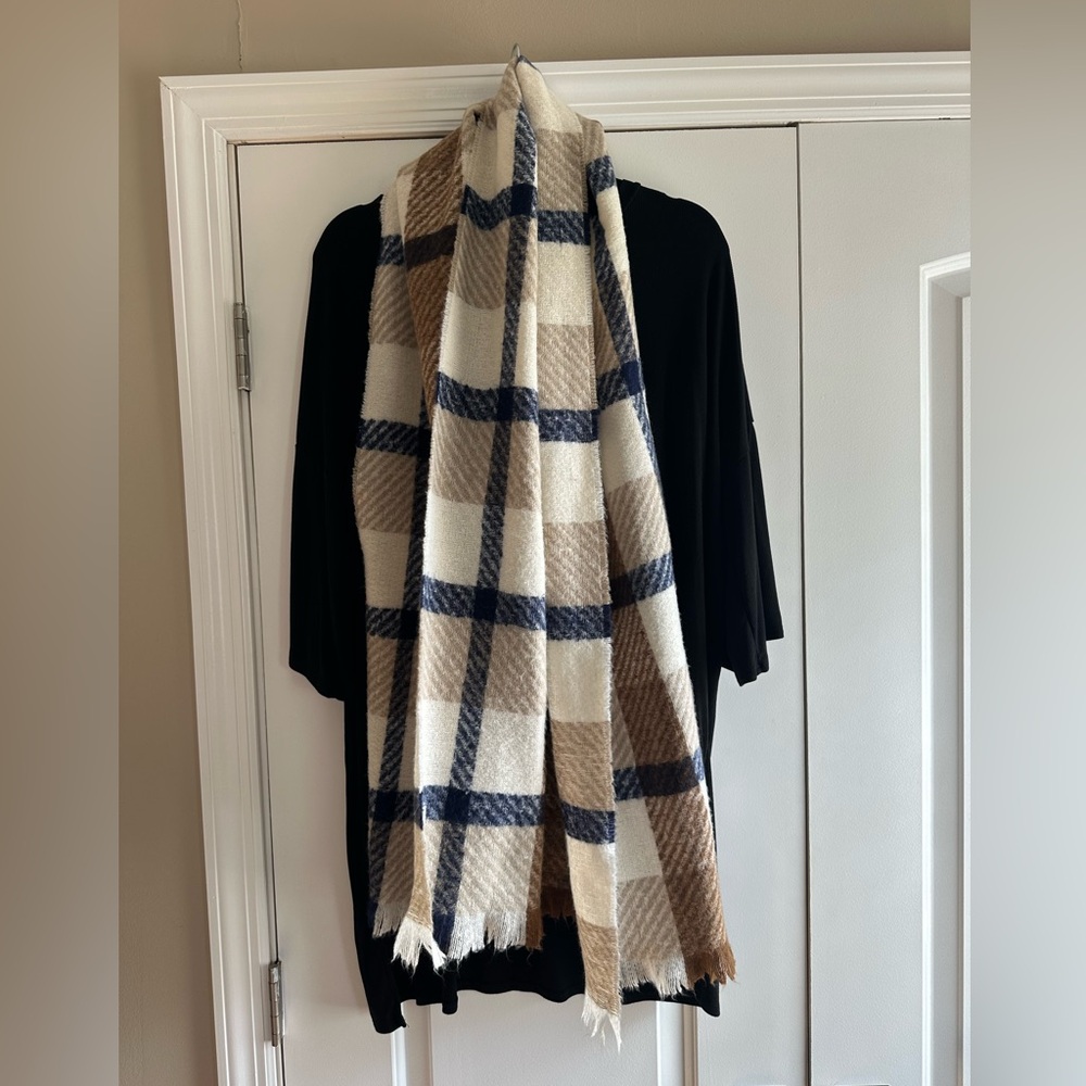 Plaid Scarf in Cream, Blue, and Brown - Picture 2 of 5